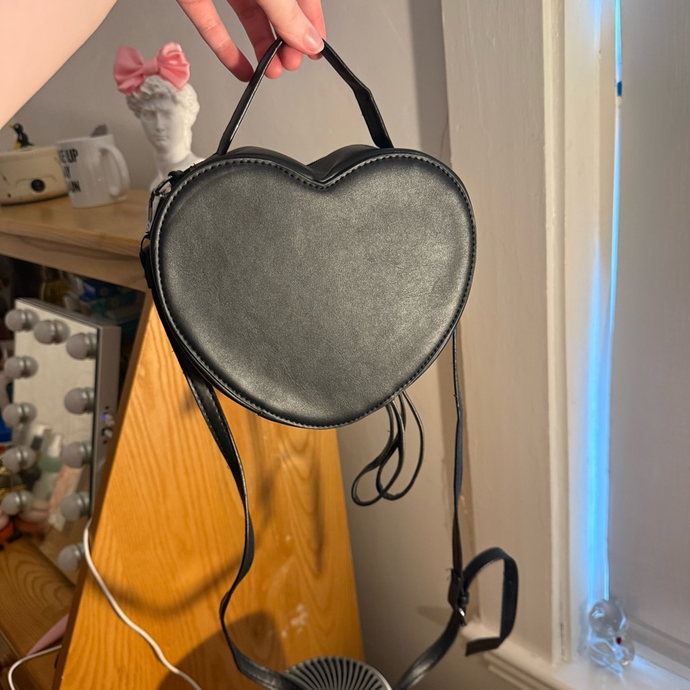 Black Faux Leather Heart-Shaped Crossbody Bag